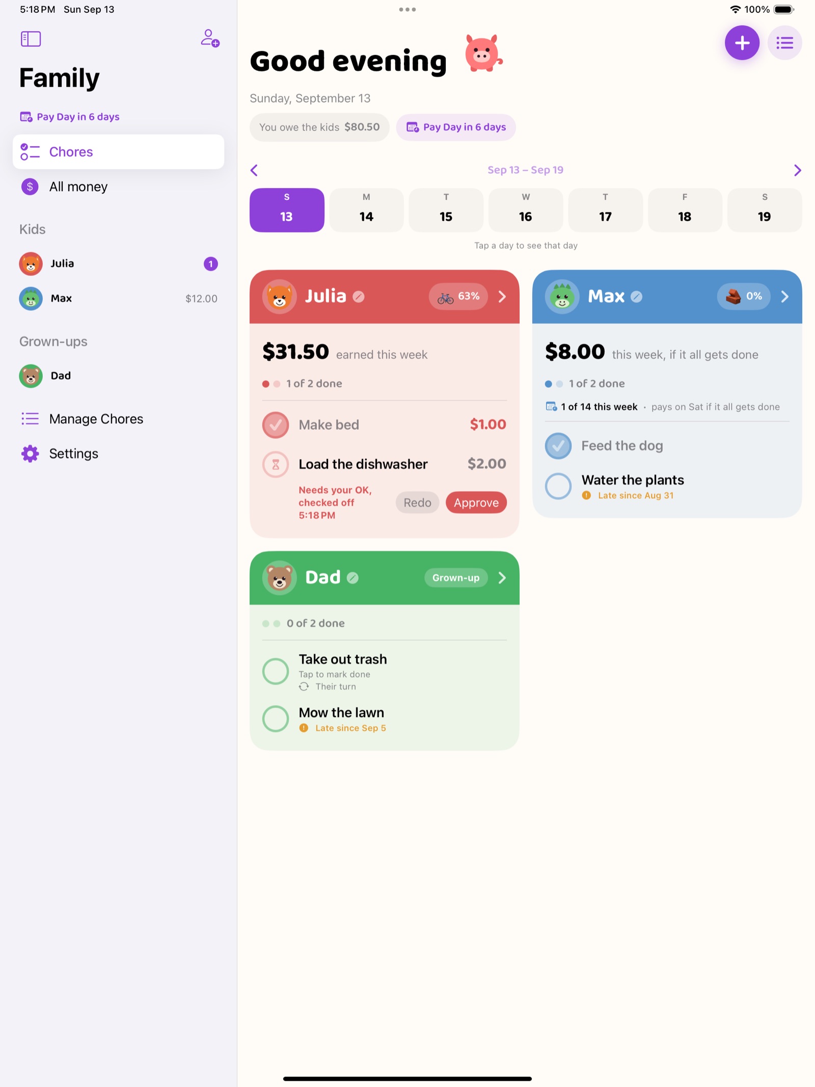 Pocket Piggy on iPad with the family board on the left and a child's money detail on the right