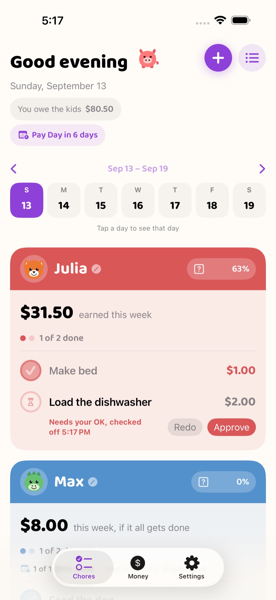 The Pocket Piggy board on iPhone, showing two children's chores for the week