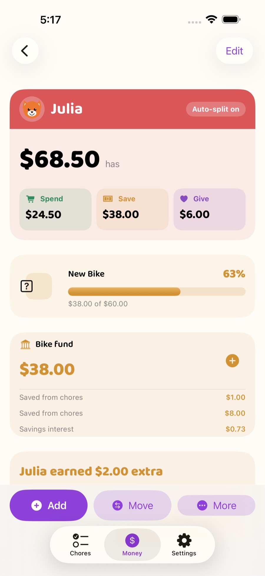 A child's money screen in Pocket Piggy showing spend, save and give balances