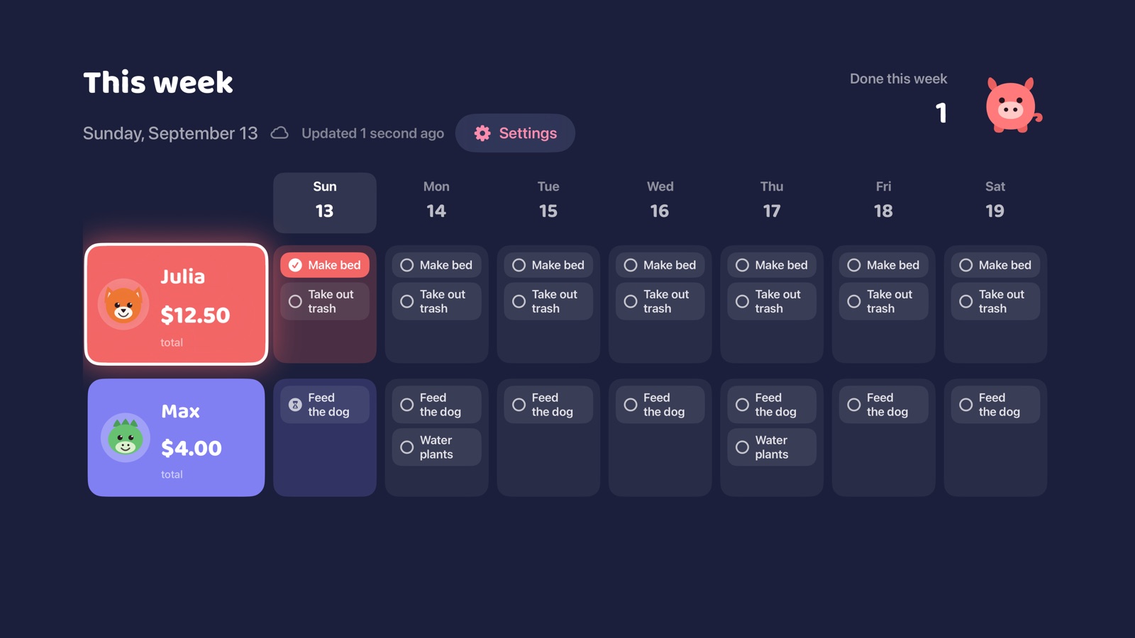 Pocket Piggy on Apple TV showing the family chore chart for the week